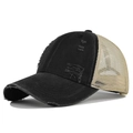 Vintage washed trucker hat in black and beige with distressed ripped details and mesh back - Adjustable / Black