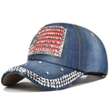 Detailed close-up of denim baseball cap with rhinestone US flag and silver studs - Adjustable / Navy Blue