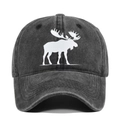 Vintage charcoal grey washed cotton baseball cap featuring a white elk silhouette print - Adjustable / Black