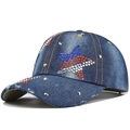 Close-up of distressed denim baseball cap with rhinestone star and silver studs - Adjustable / Deep Navy Blue