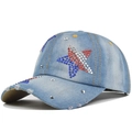 Distressed blue denim baseball cap with rhinestone star pattern and silver metal studs - Adjustable / Light Blue