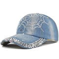 Blue denim baseball cap with rhinestone spider web pattern and metallic silver cone studs - Adjustable / Light Blue