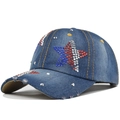 Blue denim baseball cap featuring sparkling rhinestones star and metallic studs - Adjustable / Shallow Navy Blue