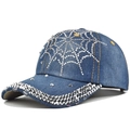 Blue washed denim baseball cap with rhinestone spider web pattern and metal rivets - Adjustable / Navy Blue