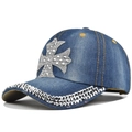 Blue denim baseball cap with rhinestone cross and vintage street style finish - Shallow Navy Blue