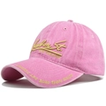 Detail of 3D embroidery on vintage washed cotton baseball cap with Bourbon St text - Pink