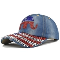 Detail of blue denim baseball cap featuring elephant rhinestone motif and worn edge - Adjustable / Navy Blue (DC329-2)