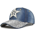 Berretto da baseball in denim blu con stella di perle bianche e strass argentati sulla visiera - Regolabile / Stile Stella in Strass / Blu navy