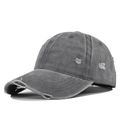 Side view of dark gray washed cotton baseball cap with vintage distressed ripped details - Adjustable / Gray