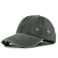 Detailed view of the distressed texture and frayed holes on a vintage washed baseball cap - Adjustable / Army Green