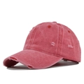 Detailed side view of rose red washed cotton baseball cap with vintage distressed holes - Adjustable / Watermelon red