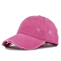 Detail view of distressed rose red washed cotton baseball cap with ripped fabric texture - Adjustable / Rose Red
