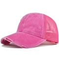Detail view of distressed rose pink trucker hat with washed cotton and mesh back - Red