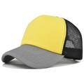 Detail of 5-panel trucker hat with yellow front and breathable black mesh back - Gray Yellow Block