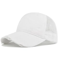 Detailed side view of white distressed trucker hat with vintage mesh and frayed brim detail - White