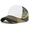 Classic camo trucker hat with white foam panel and breathable olive mesh for customization - Camouflage And White