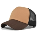 Detail view of the khaki cotton front panel and breathable black mesh on the trucker hat - Coffee & Khaki Patchwork