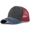 Cappello trucker vintage lavato con visiera in denim blu e rete rossa traspirante - Regolabile / Navy Patchwork Nero