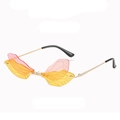 Trendy butterfly-shaped rimless sunglasses in dual-tone red and yellow lenses with gold arms - Gold Frame Pink Yellow Lens