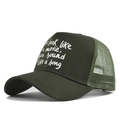Detail view of green trucker hat featuring mesh back and movie quote slogan print - Adjustable / Army Green