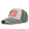Close-up of vintage American flag print on distressed washed denim baseball trucker hat - Gray