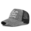 Close-up of gray mesh trucker hat with You look like a movie printed quote on front - Adjustable / Marl Grey