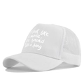 Detail of white mesh trucker hat featuring printed movie and song lyrics quote - Adjustable / White