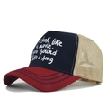 Three-tone trucker hat with navy panels, burgundy brim and beige breathable mesh back - Adjustable / Burgundy & Navy