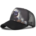 Dettaglio del cappello trucker nero con stampa di pantera nera sulla parte anteriore - Regolabile / Leopardo Nero
