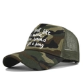 Detail of camouflage trucker hat with mesh back and white scripted movie quote print - Adjustable / Khaki Camouflage