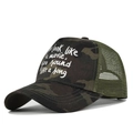 Detail view of camouflage trucker hat with white screen-printed quote and mesh back - Adjustable / Grey Camouflage