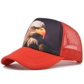 Detailed side view of a red trucker hat with a majestic bald eagle print and mesh back - Adjustable / Red Eagle