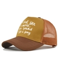 Mustard yellow and brown trucker hat with mesh back and movie lyrics print - Adjustable / Caramel color