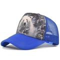 Detailed close-up of blue mesh trucker hat with polar bear print and plastic snapback - Adjustable / Blue Polar Bear