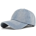 Detail view of light blue denim baseball cap featuring reinforced stitching and six panels - Adjustable / Light Blue