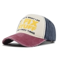 Detail view of distressed frayed brim and I FIX STUFF printed slogan on baseball cap - Adjustable / Burgundy