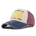 Detailed side view of vintage washed baseball cap with I FIX STUFF print and three-tone design - Adjustable / Navy Blue