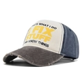 Macro shot of distressed brim and 'I FIX STUFF' print on tri-color baseball cap - Adjustable / Coffee