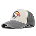 Detail van de versleten rand en toekanprint op deze vintage trucker baseballpet voor heren - Verstelbaar / Grijs