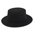 Detail view of the flat top wide brim wool felt boater hat in deep solid black color - Size 56-57 / Black