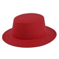 Detailed view of red wool felt flat top boater hat with refined brim stitching - Size 56-57 / Red
