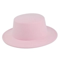 Detailed stitching on the pink wool felt boater hat with a flat top and wide straight brim - Size 56-57 / Pink