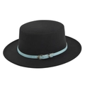 Detail of black wool felt boater hat with a light blue leather buckle strap - Black