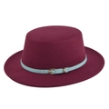 Detail view of burgundy wool felt flat top hat with light blue leather strap and metal buckle - Burgundy