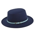 Flat top dark blue wool felt fedora hat with sky blue leather decorative band - Navy Blue
