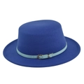 Detailed close-up of a royal blue wool felt boater hat with a light blue buckle strap - Blue