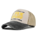 Retro washed baseball cap with I FIX STUFF print in charcoal and beige patchwork style - Adjustable / Black