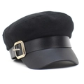 Damen Schirmmütze aus schwarzer Wolle mit PU-Lederschirm und goldener Schnalle - M (56-58cm) / Schwarz