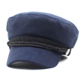 Navy blue wool baker boy hat for women featuring a black braided cord and metal side buttons - M (56-58cm) / Navy Blue