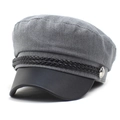 Detail of grey baker boy cap with black leather brim and decorative braided cord - M(56-58cm) / Gray